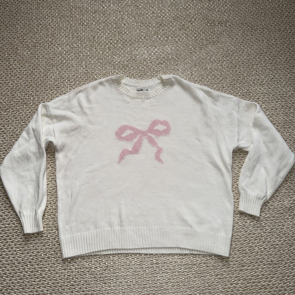 Holister Women's Pink Bow Tie Sweater Cotton Preppy Old Money Crewneck Oversized